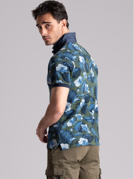 Polo de media manga para hombre en algodón de dos hilos con estampado hawaiano