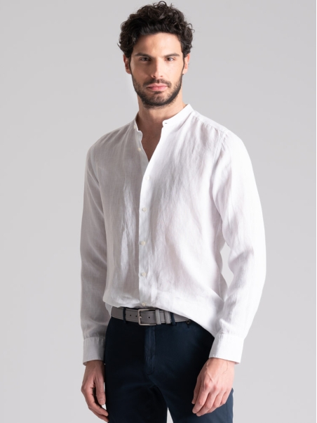 Camisa de hombre de lino blanco con cuello mao