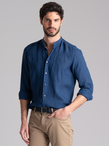 Camisa de hombre de lino azul con cuello mao