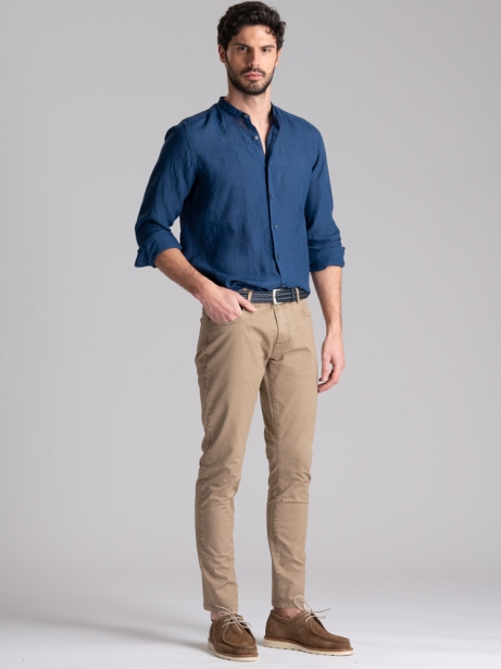 Camisa de hombre de lino azul con cuello mao 2