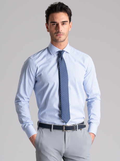 Camisa de rayas regular azul cuello semifrancés para hombre