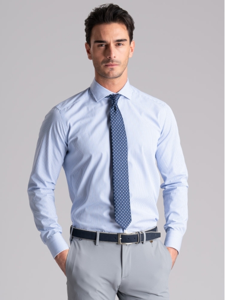 Camisa de rayas regular azul cuello semifrancés para hombre