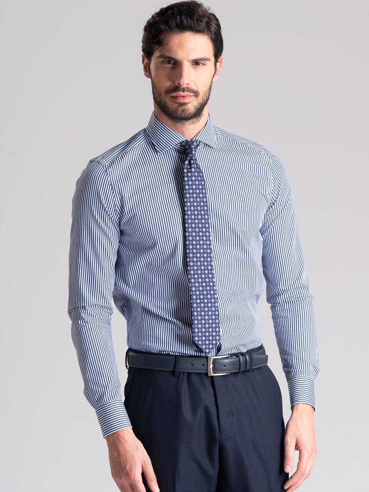 Camisa hombre rayas pares azul cuello semifrancés