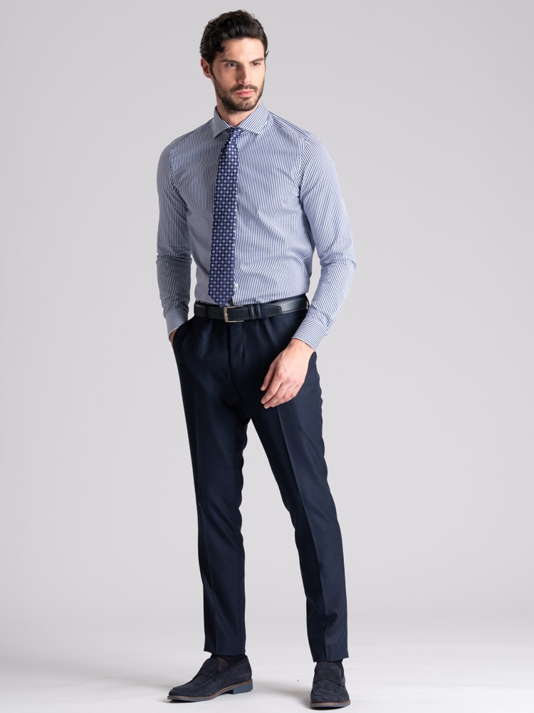 Camisa hombre rayas pares azul cuello semifrancés