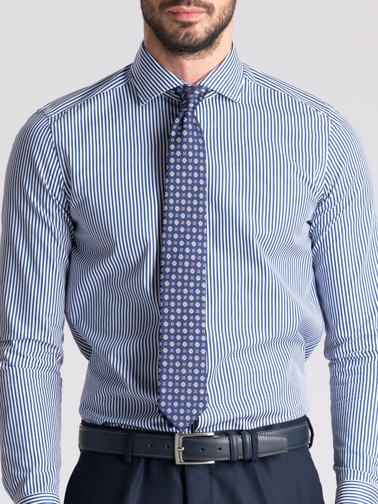 Camisa hombre rayas pares azul cuello semifrancés