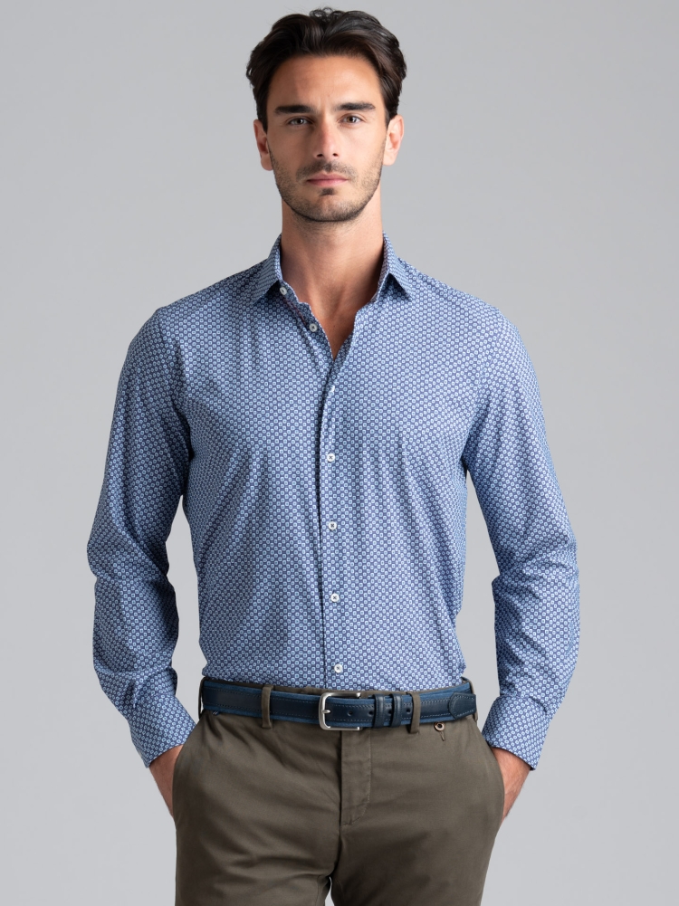 Camisa hombre TECNO micro diseño azul cuello semifrancés