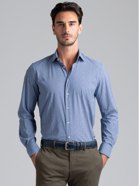 Camisa hombre TECNO micro diseño azul cuello semifrancés