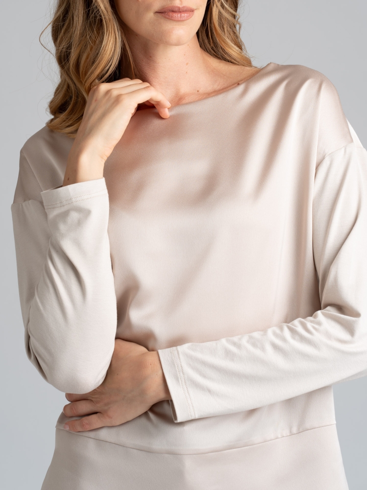 Blusa donna in satin e jersey con scollo a barchetta