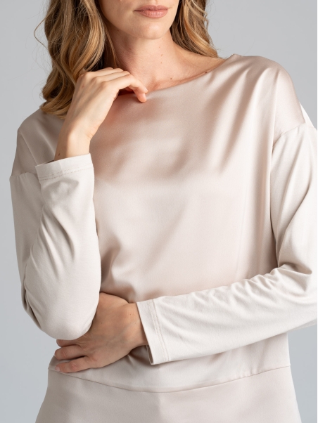 Blusa donna in satin e jersey con scollo a barchetta