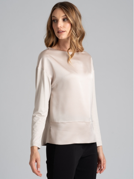 Blusa donna in satin e jersey con scollo a barchetta