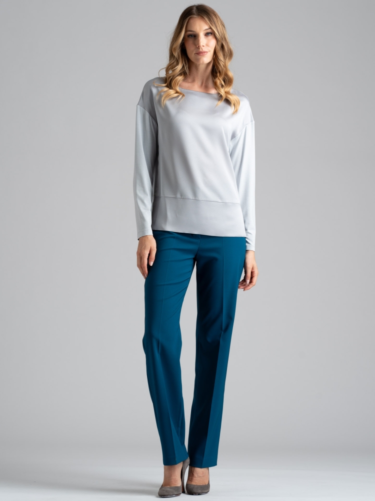 Blusa donna in satin e jersey con scollo a barchetta