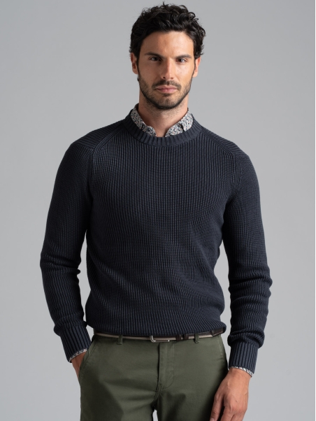 Jersey de algodón con cuello redondo para hombre, galga 7