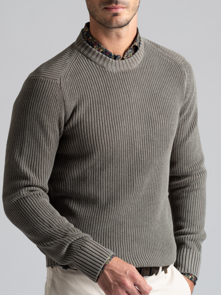 Jersey de algodón con cuello redondo para hombre, galga 7