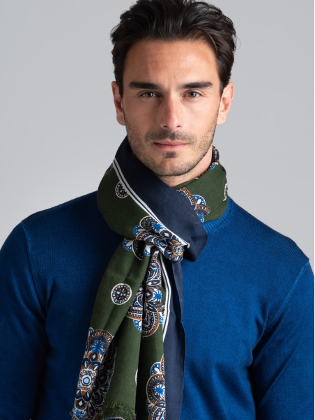 Bufanda estampada de cachemira para hombre con bandas en contraste