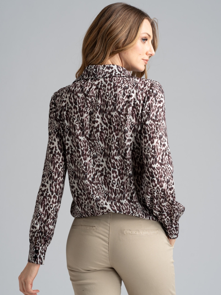 Camisa de señora en tejido satinado con estampado de lunares
