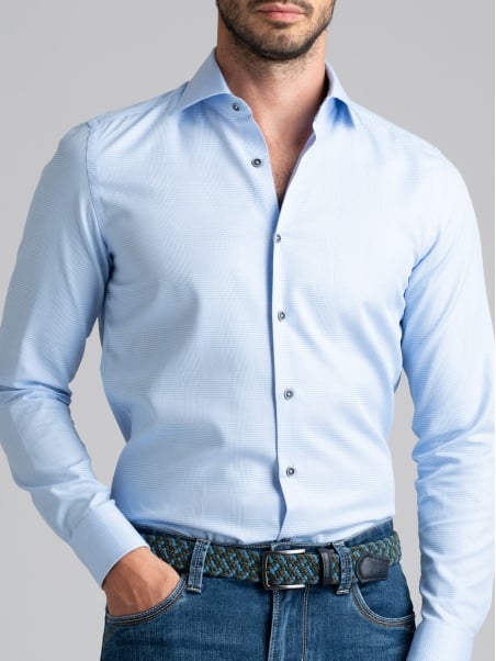 Camisa de caballero azul claro Príncipe de Gales con cuello semifrancés