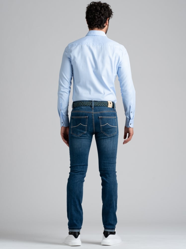 Camisa de caballero azul claro Príncipe de Gales con cuello semifrancés