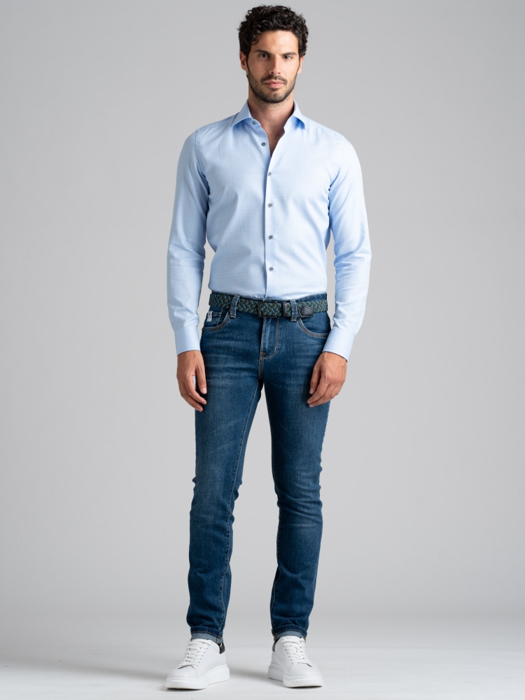 Camicia uomo azzurra principe di galles con collo semi francese