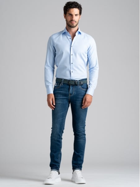 Camisa de caballero azul claro Príncipe de Gales con cuello semifrancés