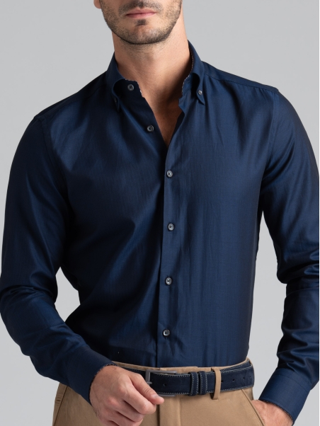 Camisa de hombre en tejido de espiga azul