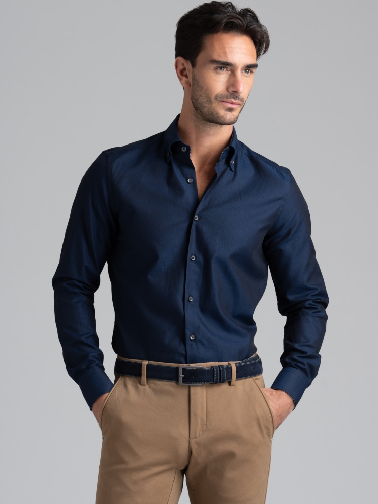 Camisa de hombre en tejido de espiga azul