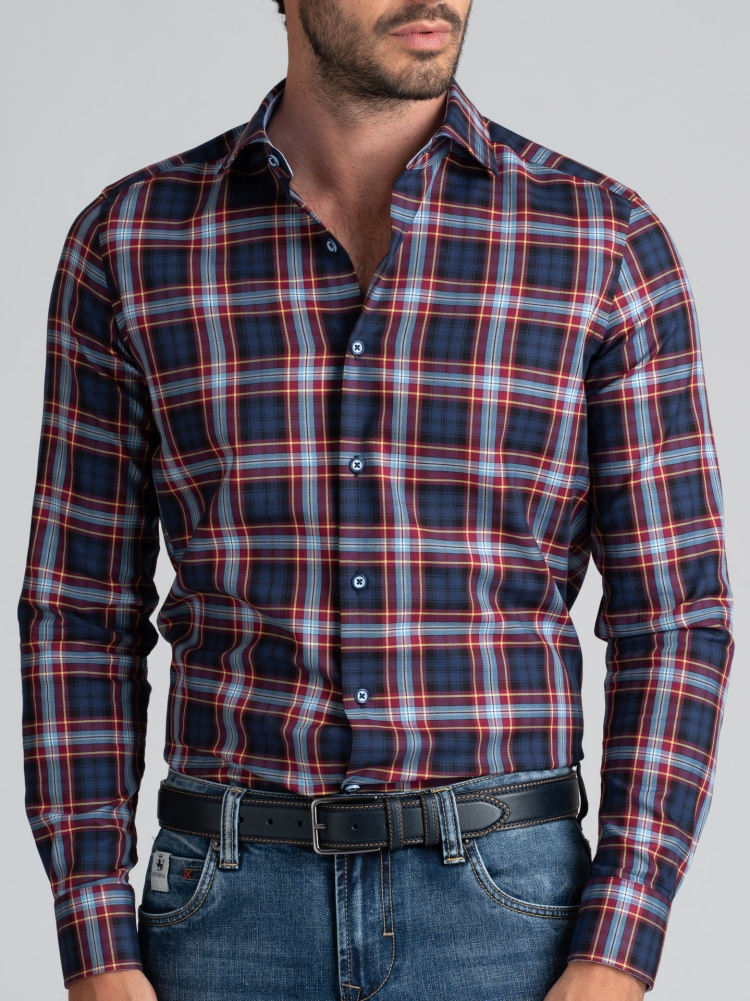 Camicia uomo madras collo semi francese con toppe