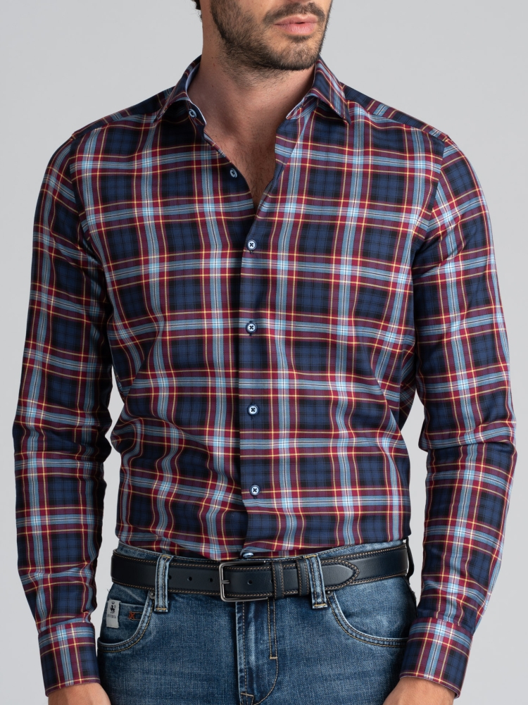 Camisa madrás de hombre cuello semifrancés con parches