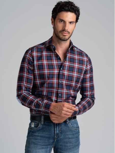 Camisa madrás de hombre cuello semifrancés con parches