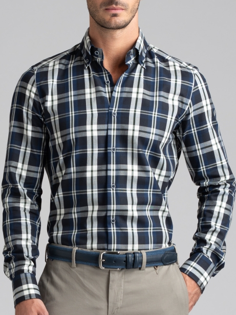 Camisa de hombre azul madrás con cuello abotonado