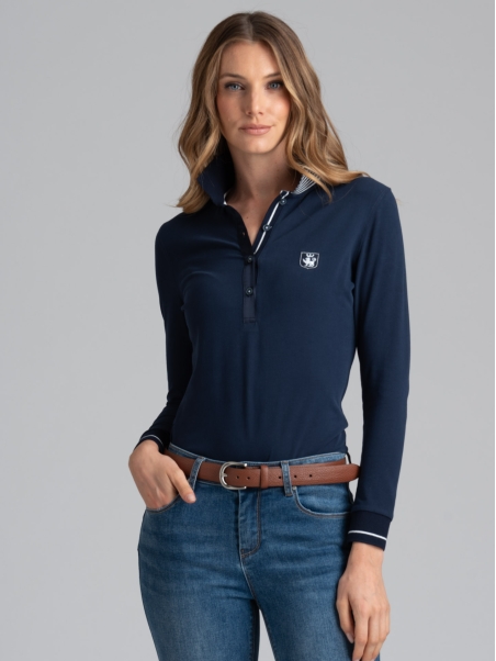 Polo elástico de manga larga para mujer con inserciones de satén