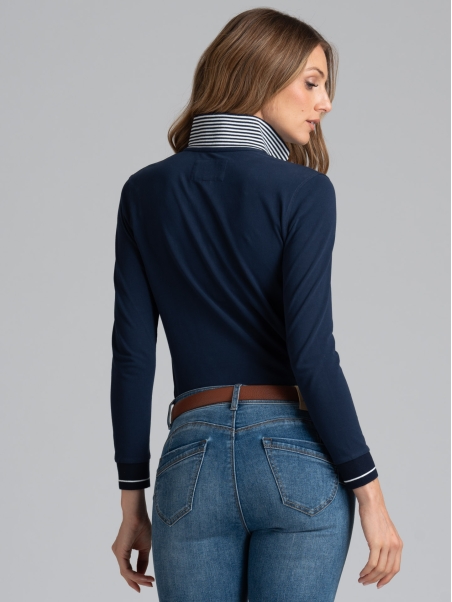 Polo elástico de manga larga para mujer con inserciones de satén