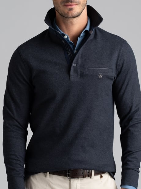 Polo de manga larga para hombre con bolsillo en el pecho y cuello doble