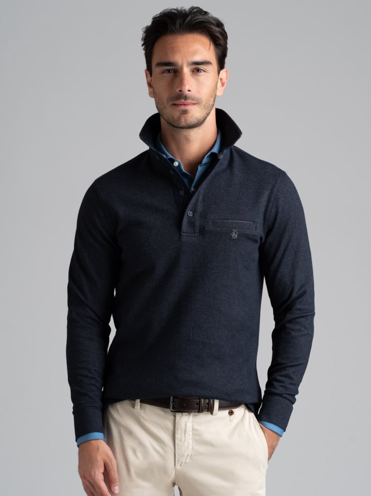 Polo de manga larga para hombre con bolsillo en el pecho y cuello doble