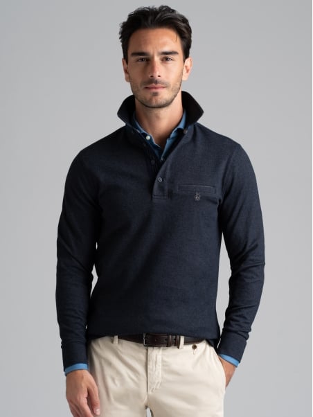 Polo de manga larga para hombre con bolsillo en el pecho y cuello doble