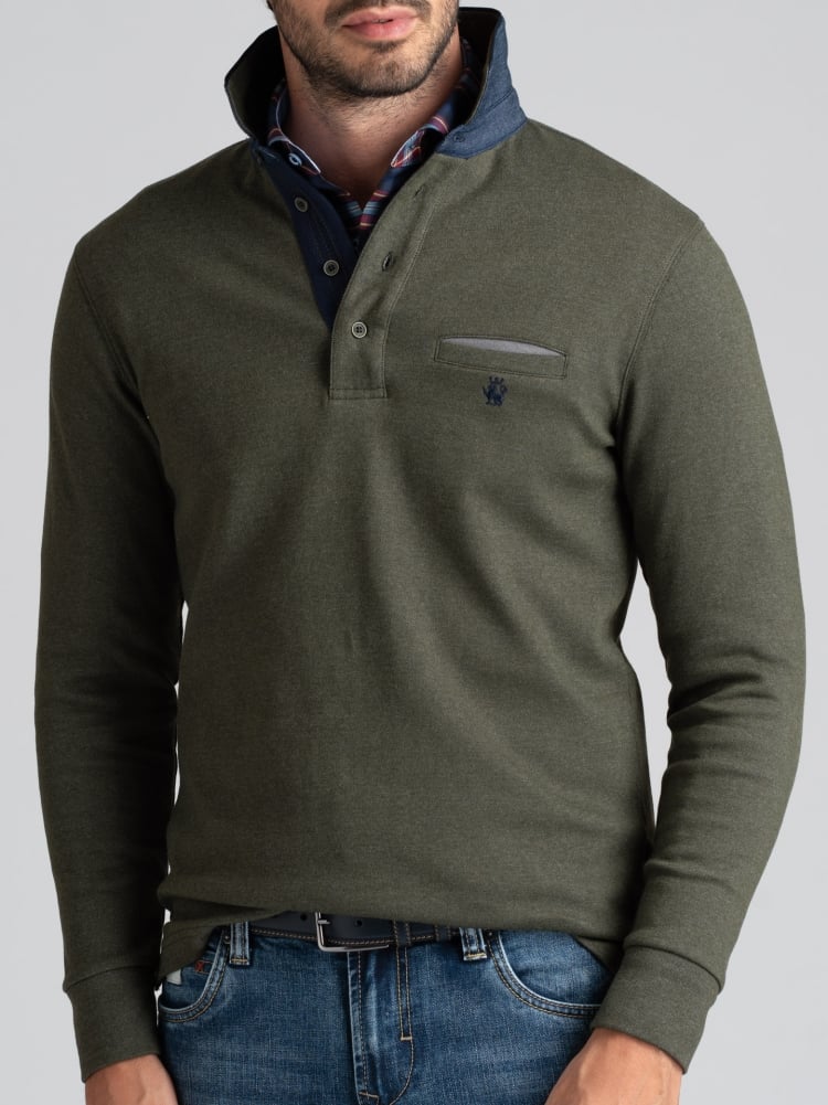 Polo de manga larga para hombre con bolsillo en el pecho y cuello doble