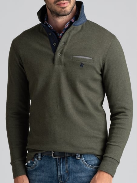 Polo de manga larga para hombre con bolsillo en el pecho y cuello doble