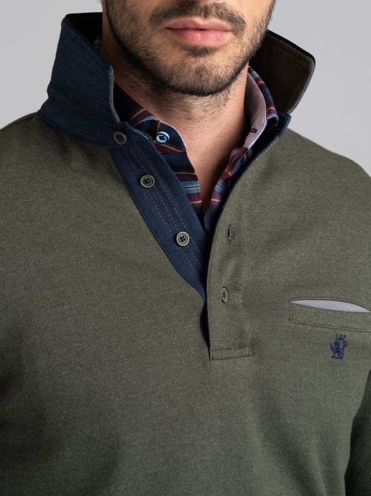Polo de manga larga para hombre con bolsillo en el pecho y cuello doble