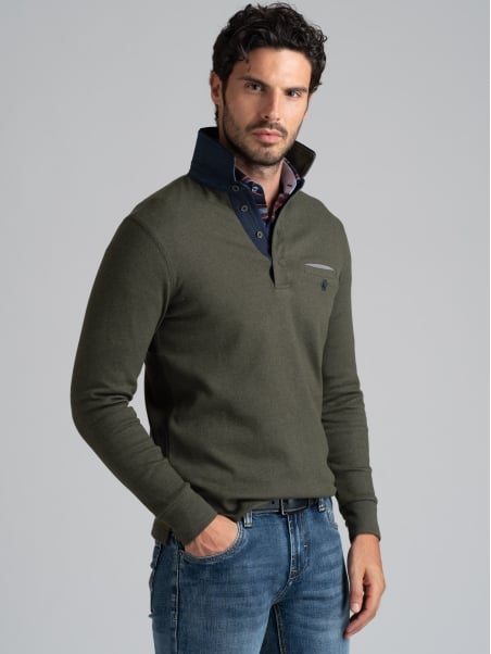 Polo de manga larga para hombre con bolsillo en el pecho y cuello doble