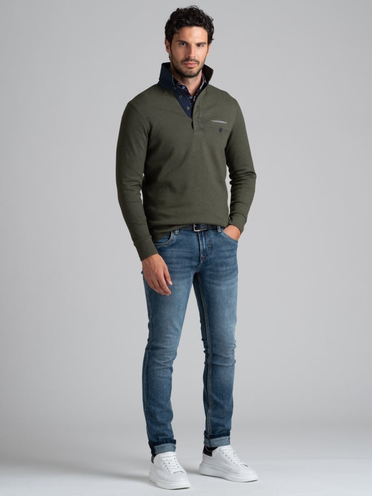 Polo de manga larga para hombre con bolsillo en el pecho y cuello doble