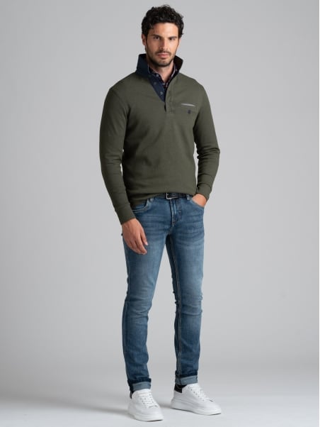 Polo de manga larga para hombre con bolsillo en el pecho y cuello doble