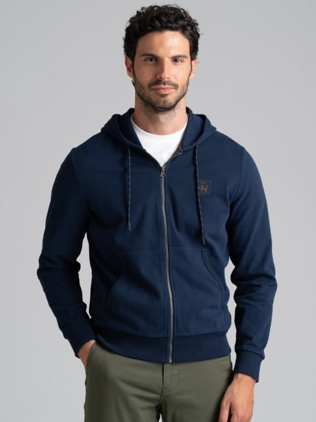 Sudadera con capucha y cremallera completa para hombre en jersone con contrastes