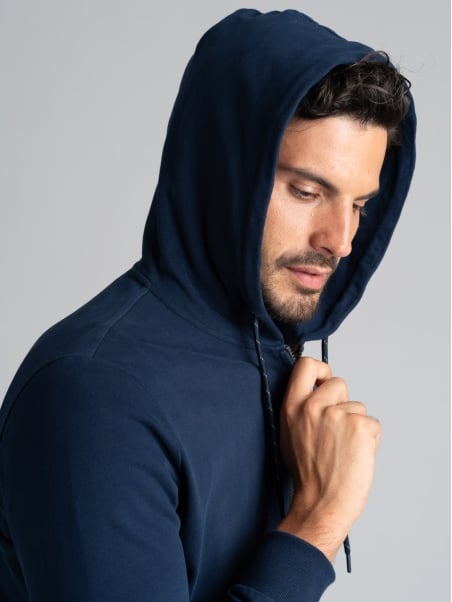 Sudadera con capucha y cremallera completa para hombre en jersone con contrastes