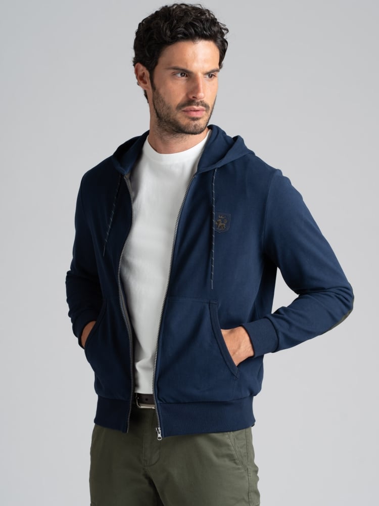 Sudadera con capucha y cremallera completa para hombre en jersone con contrastes