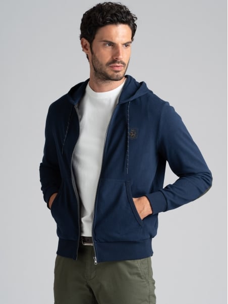 Sudadera con capucha y cremallera completa para hombre en jersone con contrastes