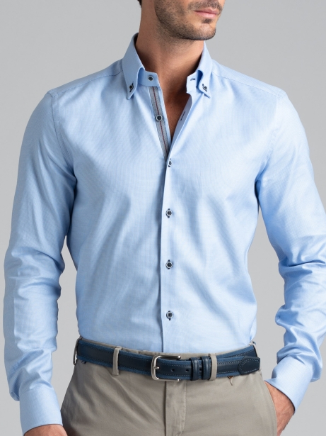 Camisa abotonada de hombre microtejido azul