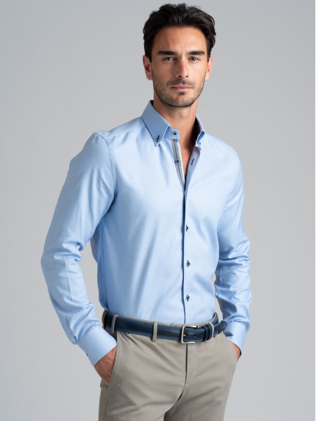 Camisa abotonada de hombre microtejido azul