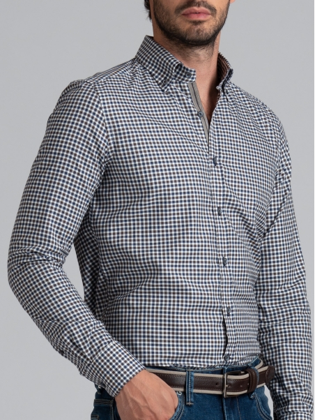 Camicia uomo fantasia quadretto blu e marrone