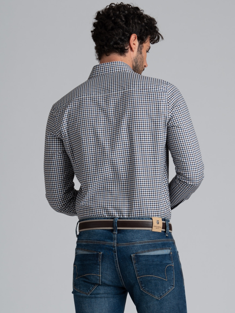 Camicia uomo fantasia quadretto blu e marrone