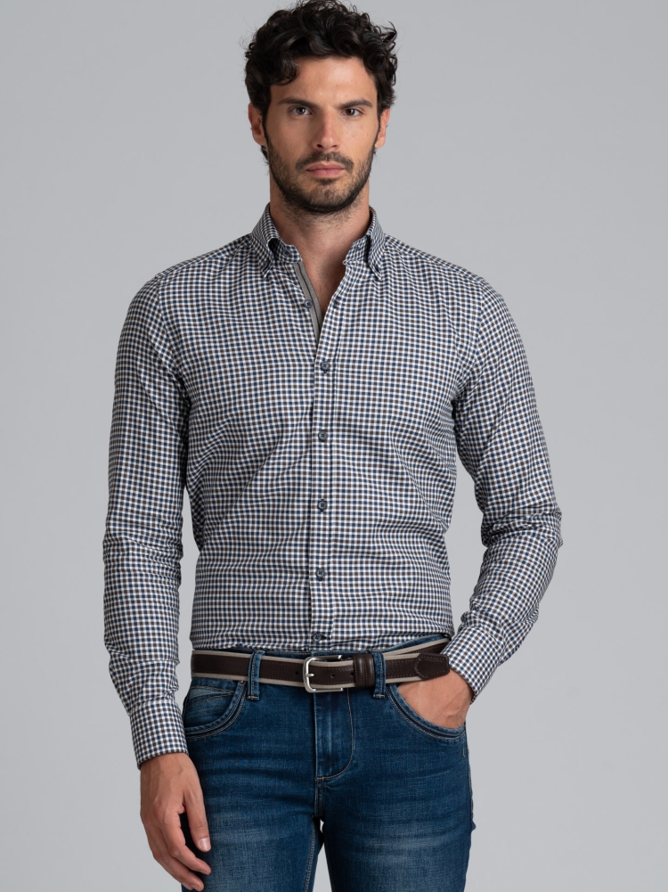 Camicia uomo fantasia quadretto blu e marrone