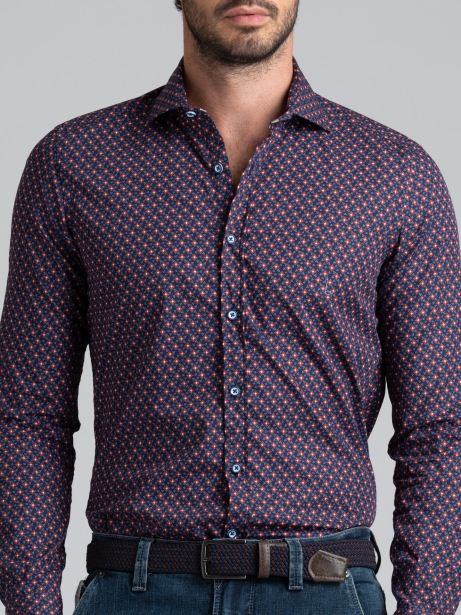 Camisa regular de hombre con estampado geométrico azul y ladrillo